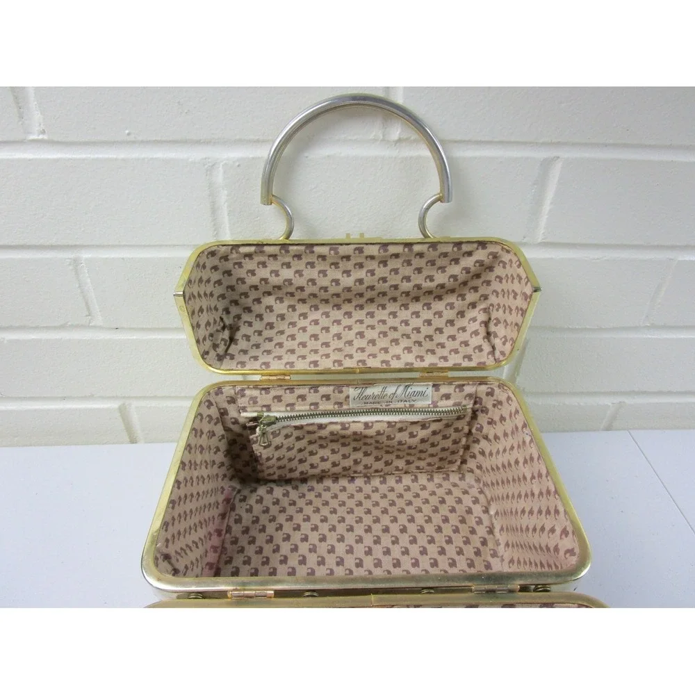 Vintage Fleurette of Miami Split Top Train Case Purse, Italy 1950s Handbag Lined